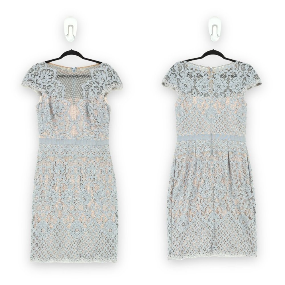 Tadashi Shoji Women's 10 Savita Dress Pewter Gray Petal Lace Cap Sleeve Illusion